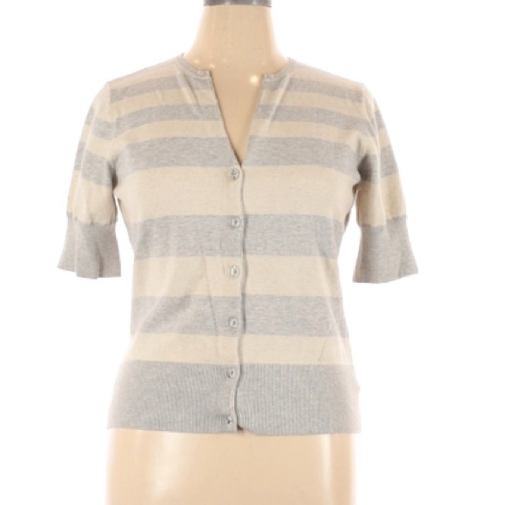 Kersh | Button Up Short Sleeve Stripped Top XL Gray Cream Color Vintage - Picture 7 of 9
